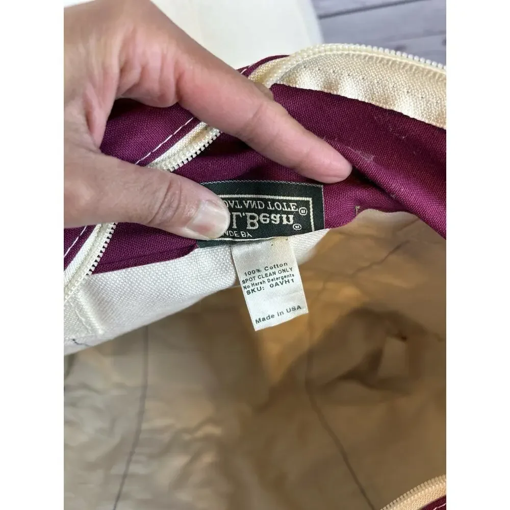 L.L.Bean Boat and Tote Canvas Bag Vintage Plum Red Cream Medium - Picture 10 of 11